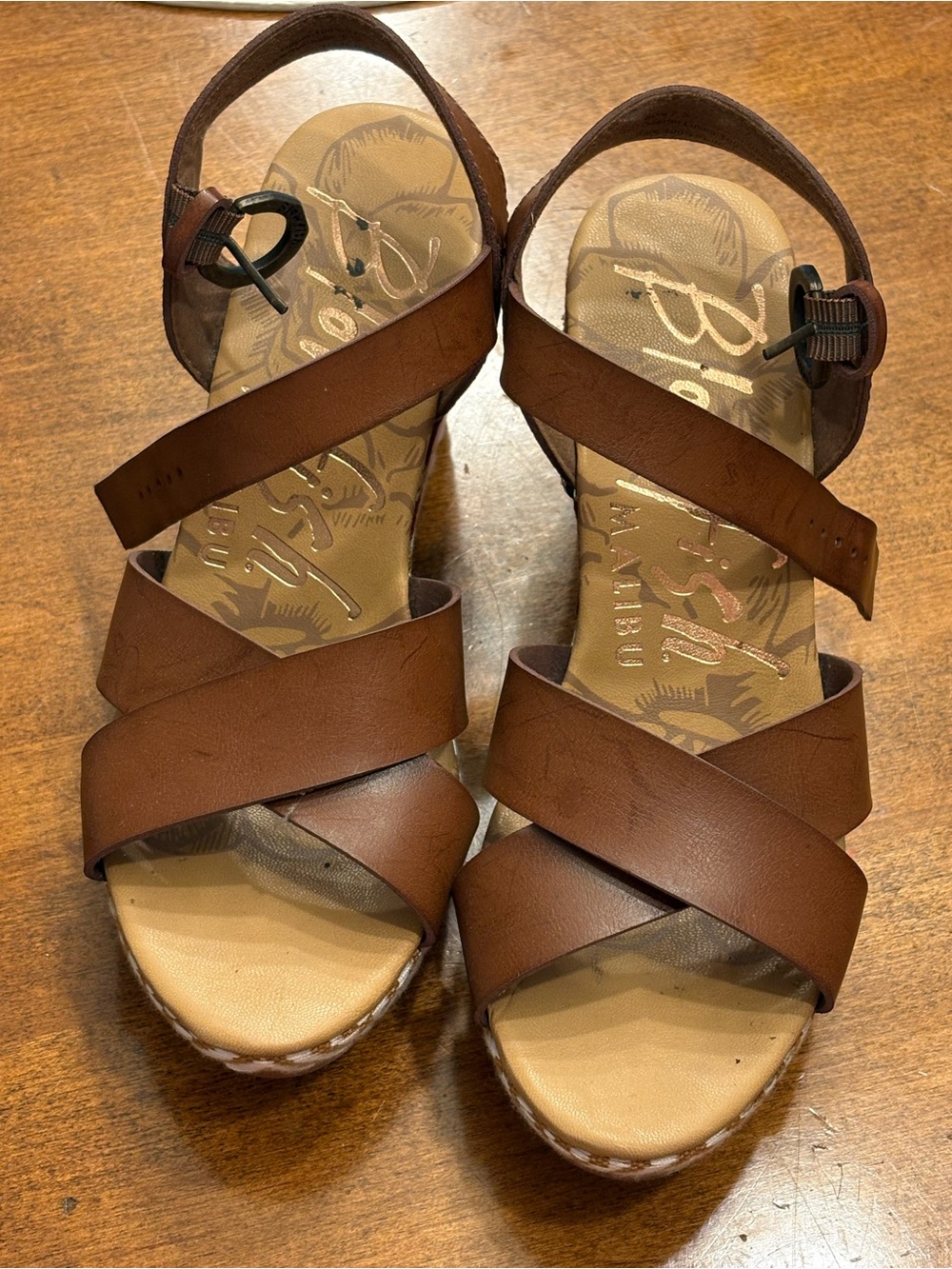 Blowfish Brown Crisscross Wedge Sandals